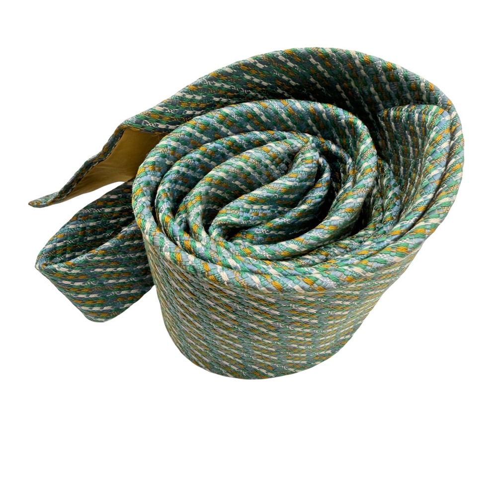 Vintage Woven Silk Geometric Necktie Green Blue Professional Office 70s Classic